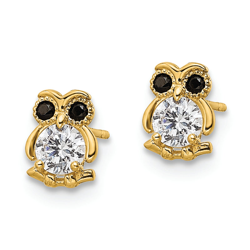 14k Black & White CZ Owl Post Earrings