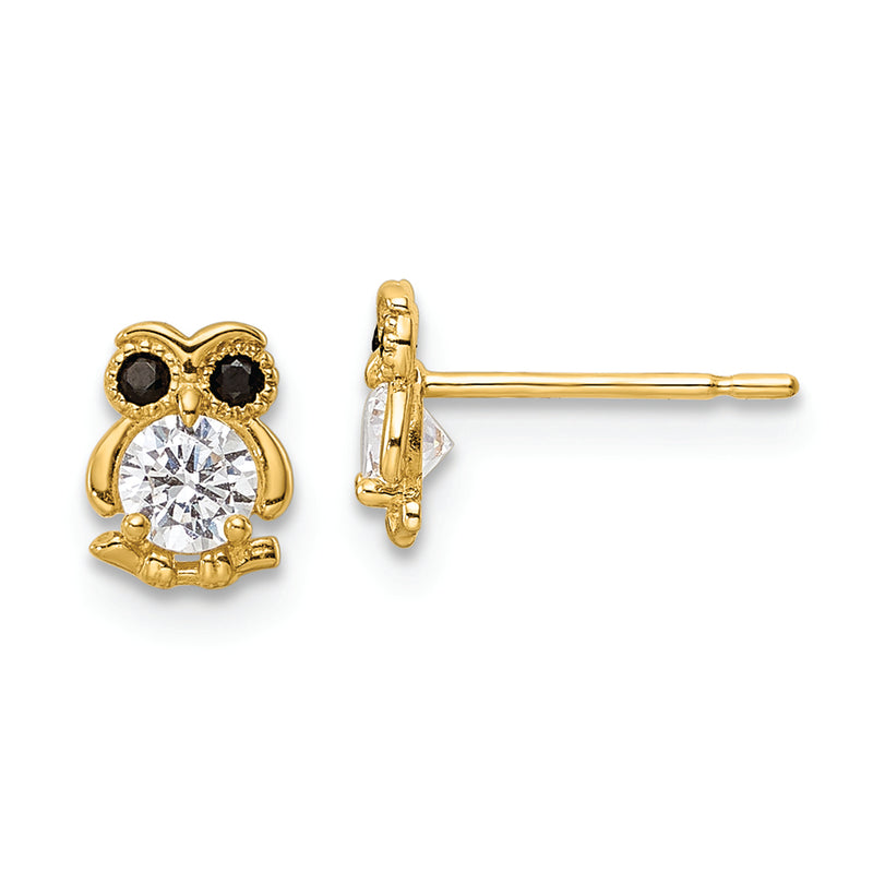 14k Black & White CZ Owl Post Earrings