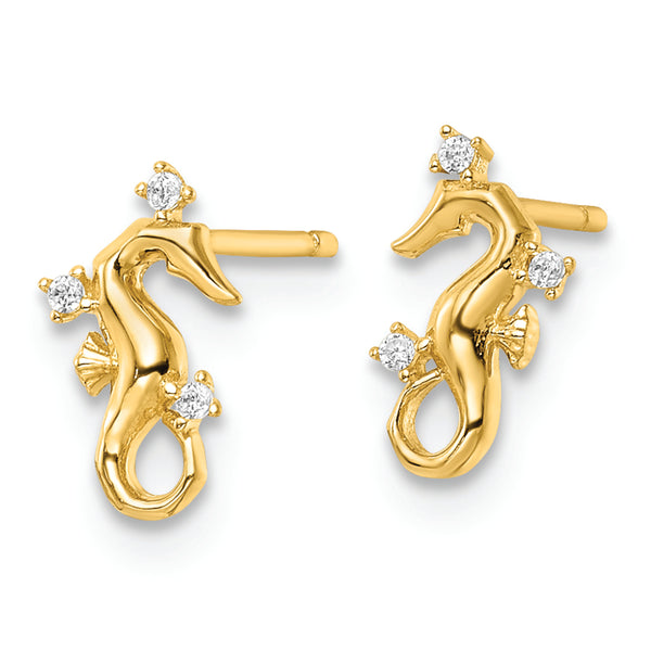 14k Yellow Gold Polished CZ Seahorse Post Earrings