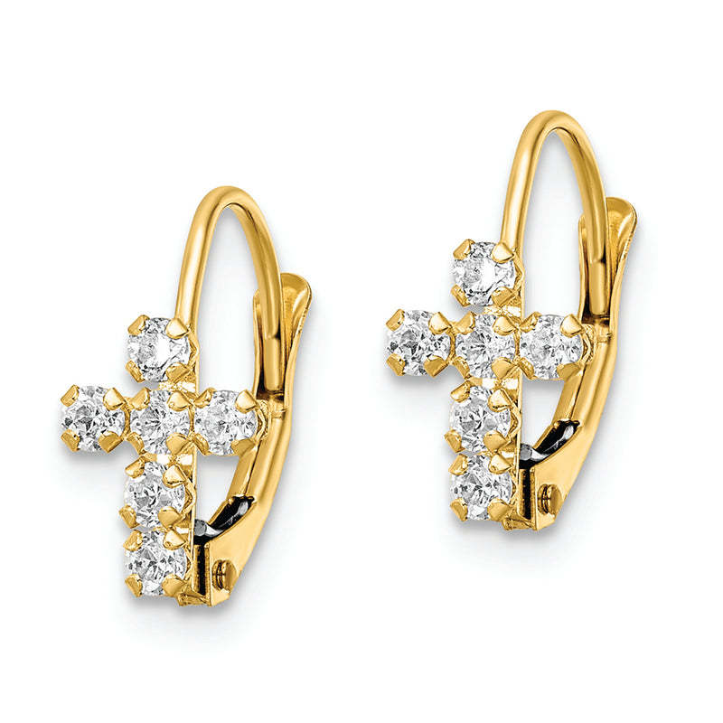 14k CZ Polished Leverback Cross Earrings