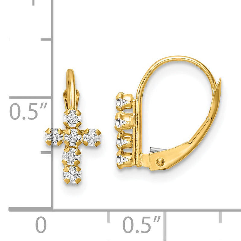 14k CZ Polished Leverback Cross Earrings