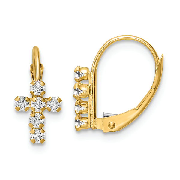 14k CZ Polished Leverback Cross Earrings