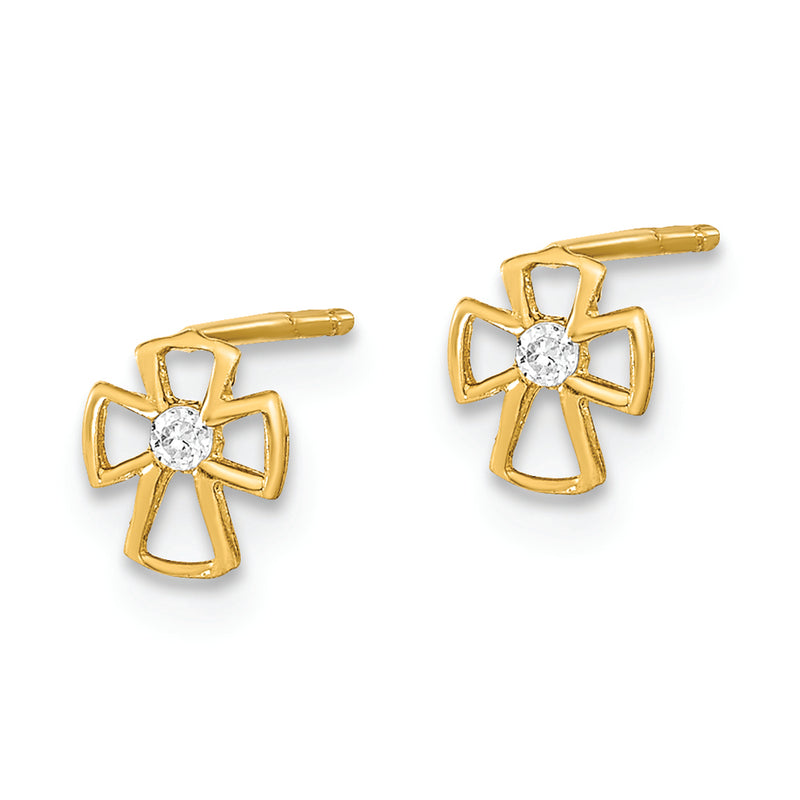 14K Polished Set of Ball Post Cross and CZ Bezel 3 Pair Earrings Set