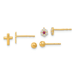 14K Polished Set of Ball Post CZ Flowers and Cross 3 Pair Earrings Set