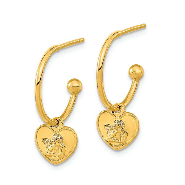 14K Polished Removeable Heart Angel Charm Post Hoop Earrings