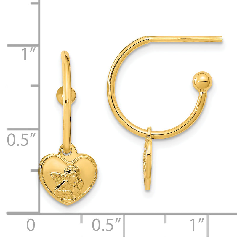 14K Polished Removeable Heart Angel Charm Post Hoop Earrings