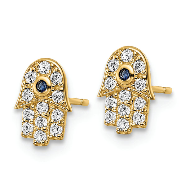 14k CZ & Blue Glass Stone Hamsa Post Earrings