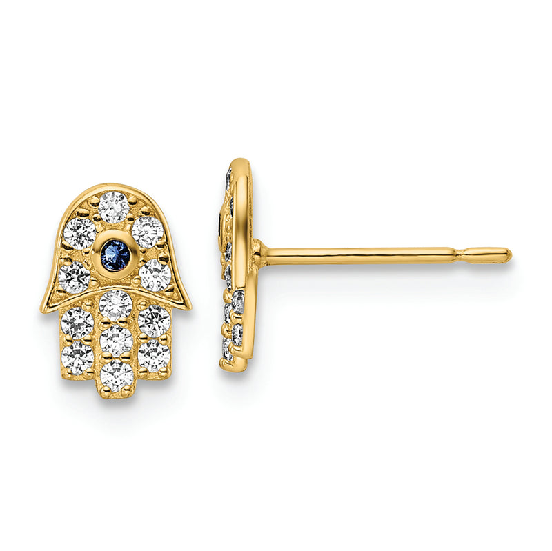 14k CZ & Blue Glass Stone Hamsa Post Earrings